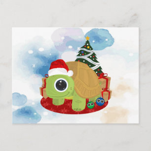 Postal Tortuga Navideña Adorable Acuarela de Invierno Nev