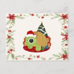 Postal Tortuga Navideña Adorable con Muérdago de Acebo Fi