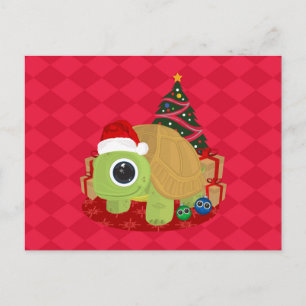 Postal Tortuga Navideña Adorable en Diamante Rojo Festivo