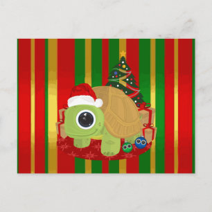 Postal Tortuga Navideña Adorable Rojo Verde Dorado Clásic