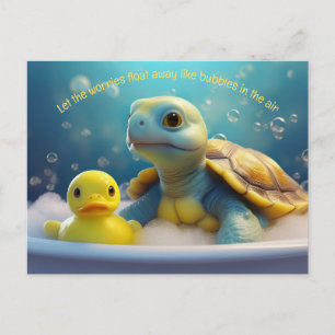Postal Tortuga y patito de goma en el baño con texto pers