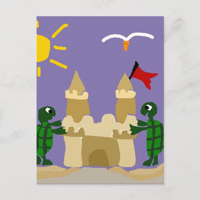 Postal Tortugas bebé divertidas construyendo castillo de  (Anverso)