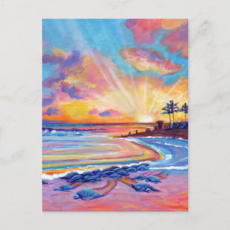 Postal Tortugas marinas en la playa de Poipu Kauai al ata