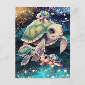 Postal Tortugas marinas nadando en aguas mágicas cósmicas