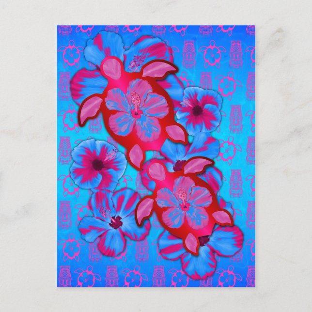 Postal Tortugas Tropicales Honu Y Flores Hibiscus (Anverso)
