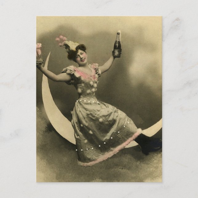 Postal Tosta de champagne en una luna creciente (Anverso)