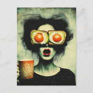 Postal Tostada de aguacate surrealista y mujer de café 