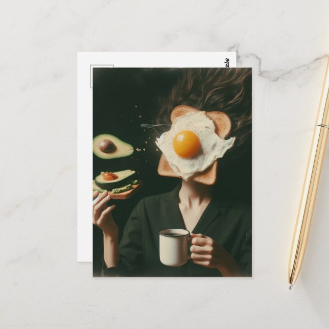 Postal Tostada de aguacate y mujer de café surreal divert (Anverso/Reverso In Situ)