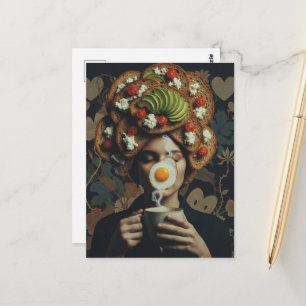 Postal Tostada de aguacate y señora de café surreal diver