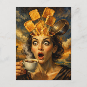 Postal Tostada de desayuno surrealista sorprendida mujer 