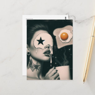 Postal Tostada surrealista, huevos y mujer de café