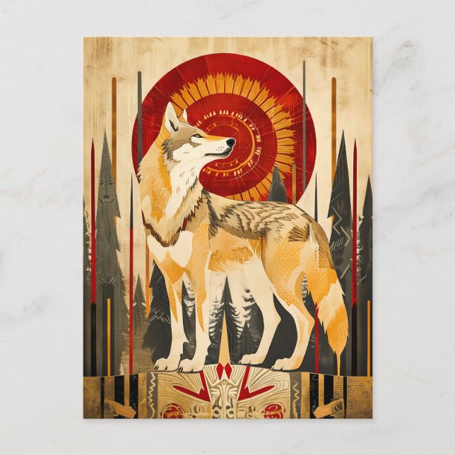 Postal Tótem de lobo: guardián en estilo Deco (Anverso)