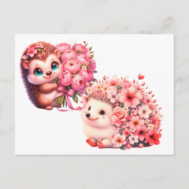 Postal  Tow cuteRomantic Floral Hedgehog Duo Illustration (Anverso)