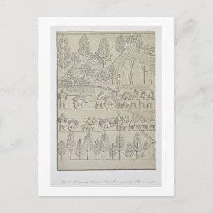 Postal Trabajadores con implementos y cuerdas para mover 