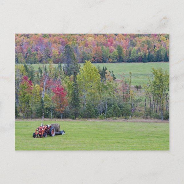 Postal Tractor con fardo de heno en campo verde con (Anverso)