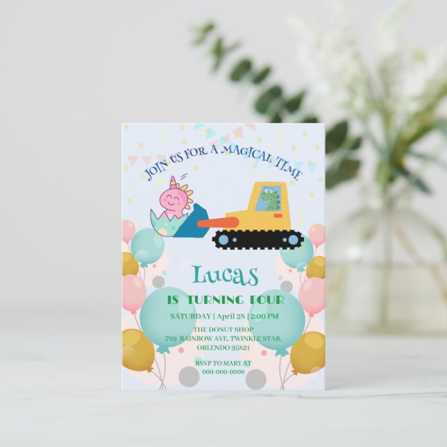 Postal Tractor de dinosaurio divertido Nombre de fiesta d (Anverso de pie)