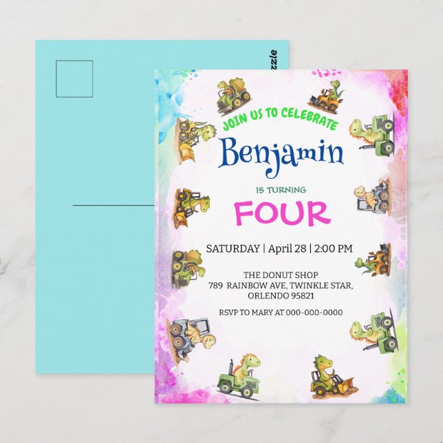 Postal Tractor de dinosaurio lindo Arcoiris Cumpleaños es (Anverso / Reverso)