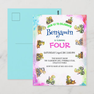 Postal Tractor de dinosaurio lindo Arcoiris Cumpleaños Re