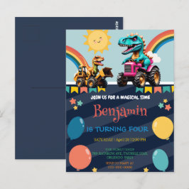 Postal Tractor de dinosaurio lindo Globo arcoiris Niño cu