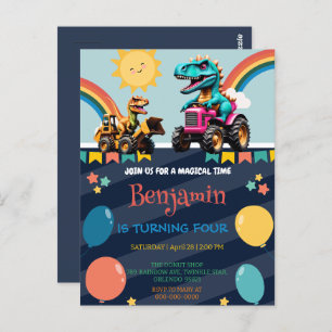 Postal Tractor de dinosaurio lindo Globo arcoiris Niño cu
