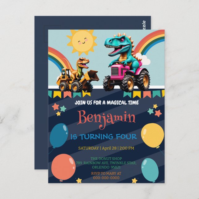 Postal Tractor de dinosaurio lindo Globo arcoiris Niño cu (Anverso / Reverso)
