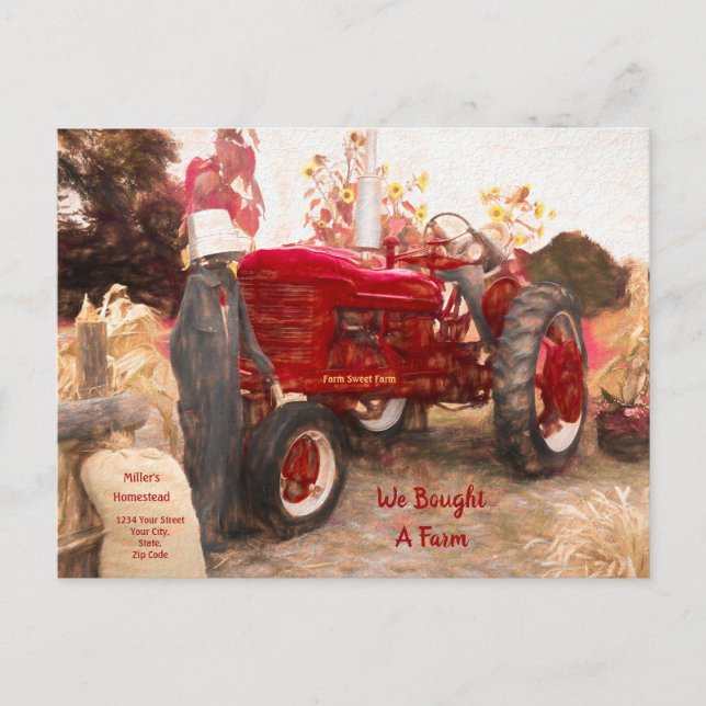 Postal Tractor de granjas Rojo Hemos mudado a un movimien (Anverso)