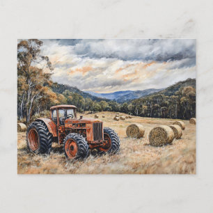 Postal Tractor en un campo de heno