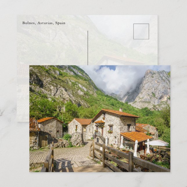 Postal Traditional Stone Houses in Bulnes, Asturias (Anverso / Reverso)