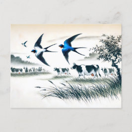 Postal Tragaperras vuelan sobre un campo ganadero en tint