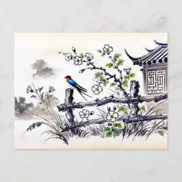Postal Tragar en una cerca con pintura de tinta china