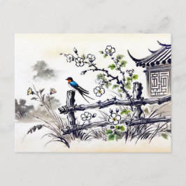 Postal Tragar en una cerca con pintura de tinta china