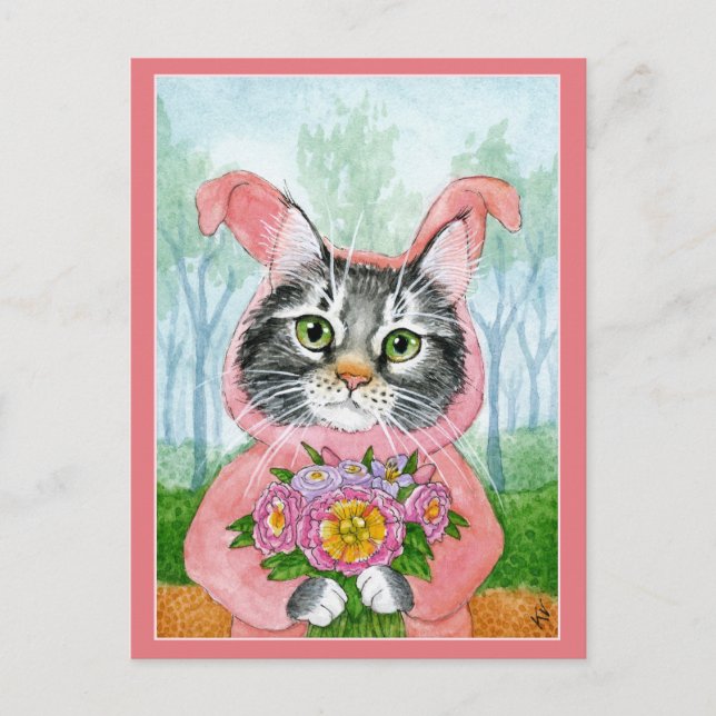 Postal Traje de conejo de felino lindo flores rosado post (Anverso)