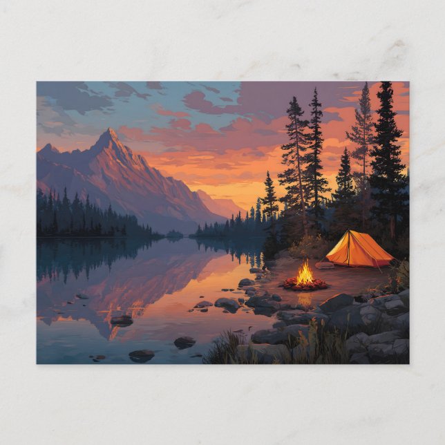 Postal Tranquila escena de acampada junto a un lago de mo (Anverso)