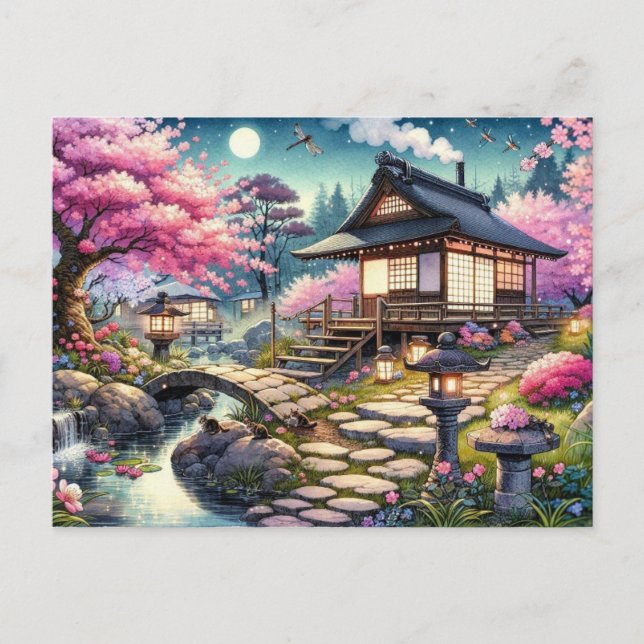 Postal Tranquila Tarde de Primavera en un Jardín Japonés (Anverso)