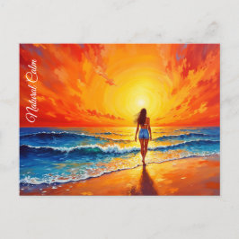 Postal Tranquilo paseo en la costa atardecer océano arte