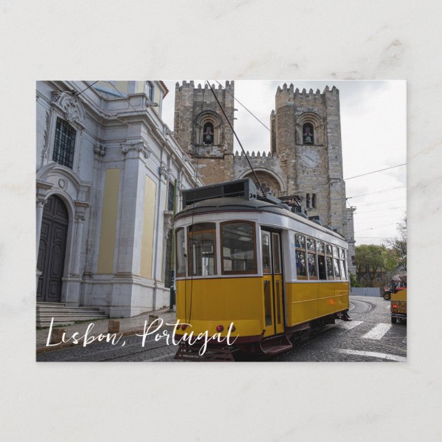 Postal Tranvía amarillo en la Catedral de Lisboa en Portu (Anverso)
