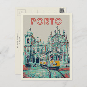 Postal Tranvía de Oporto y ilustracion de iglesia Portuga