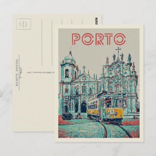 Postal Tranvía de Oporto y ilustracion de iglesia Portuga (Anverso / Reverso)