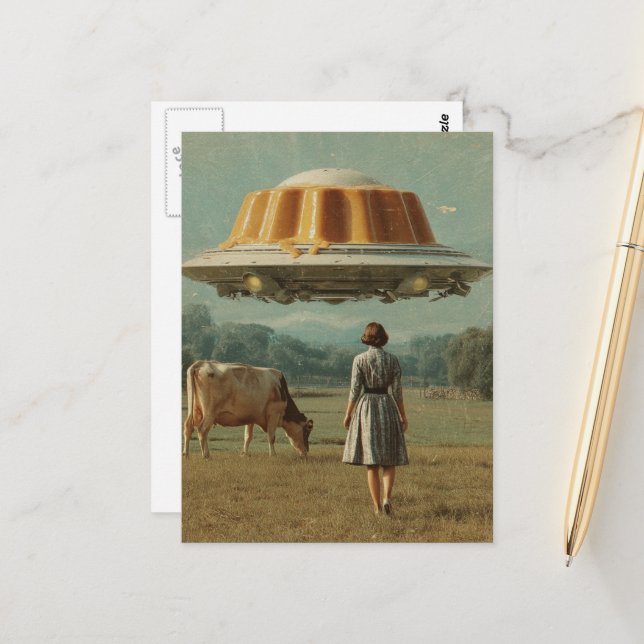 Postal Tratamiento de OVNI con flan voladora (Anverso/Reverso In Situ)