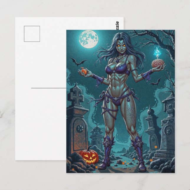 Postal Trato de Halloween o Novia Zombie con cerebros (Anverso / Reverso)
