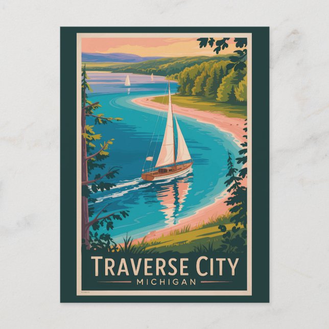 Postal Traverse City Michigan Ilustracion Viajes Arte (Anverso)