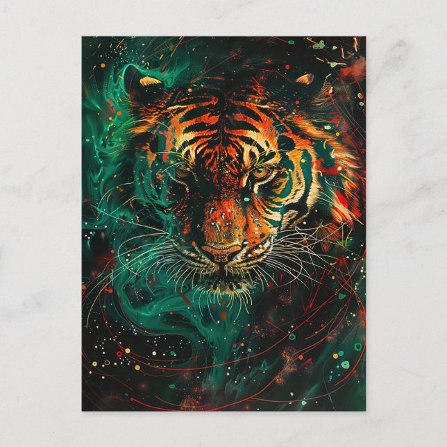 Postal Trayectorias de luz del tigre verde neón cósmico (Anverso)