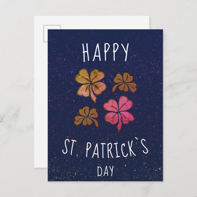 Postal Trébol de la suerte rosa Feliz día de San Patricio (Anverso / Reverso)