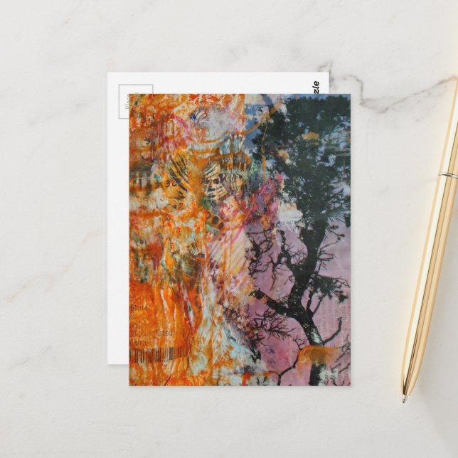 Postal Tree Mixed Media Collage Pink Orange Blue Black (Anverso/Reverso In Situ)