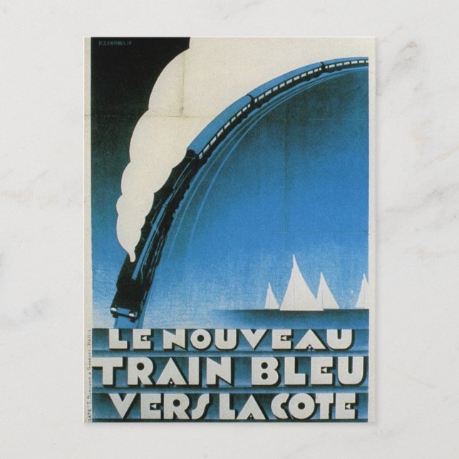Postal Tren Bleu Cote D'Azur Viaje Francés Art Deco (Anverso)