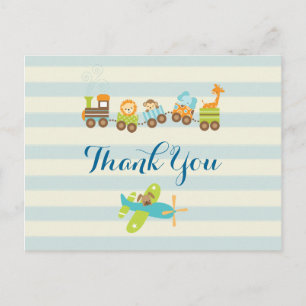 Postal Tren de juguetes animales y avión en franjas graci