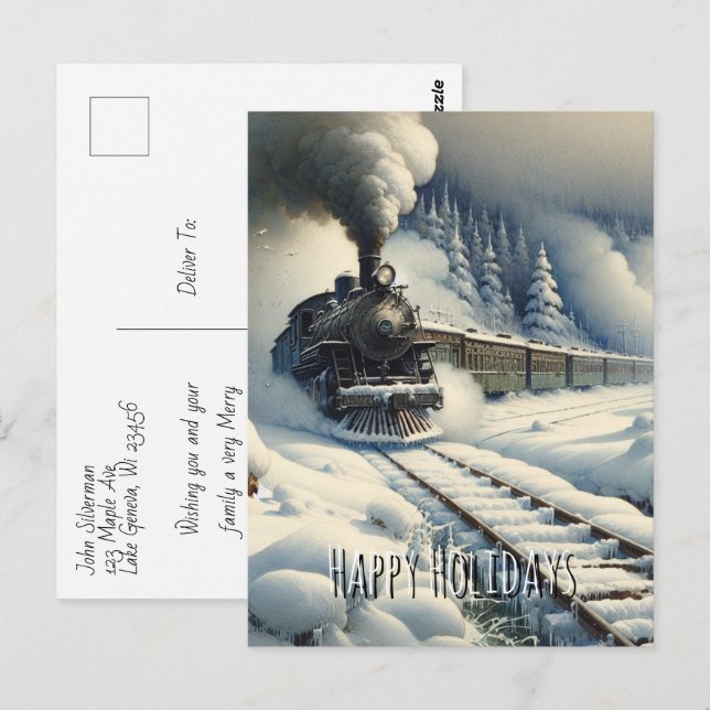 Postal Tren de moda y vacaciones felices de la vieja époc (Anverso / Reverso)