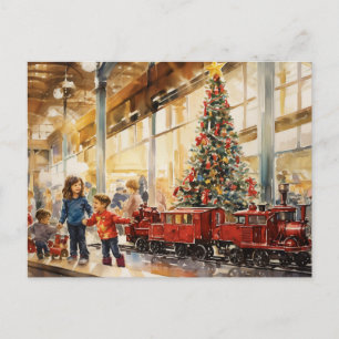 Postal Tren de Navidad en acuarela Recuerdo de la tienda