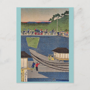 Postal Tren de vapor en Takanawa, Tokio por Utagawa, Yosh