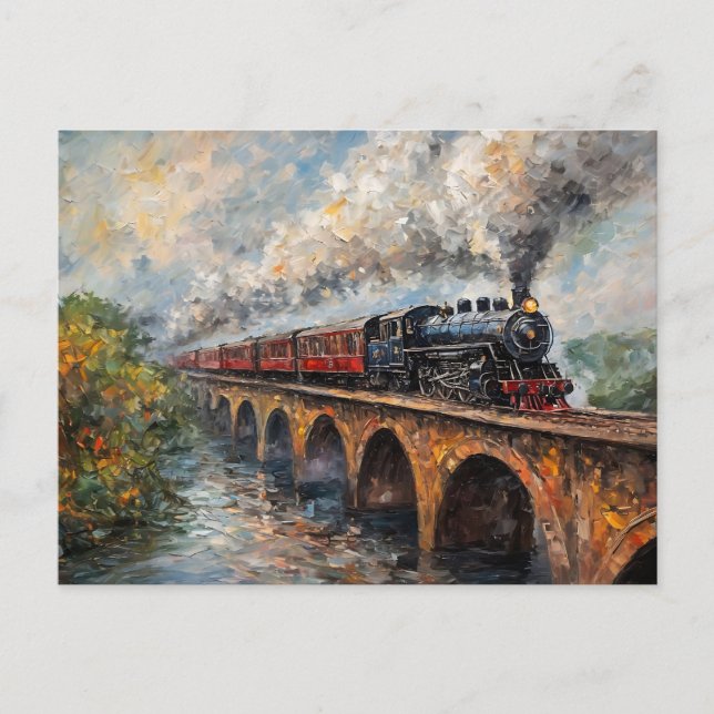 Postal Tren de vapor en un puente - pintura al petróleo (Anverso)